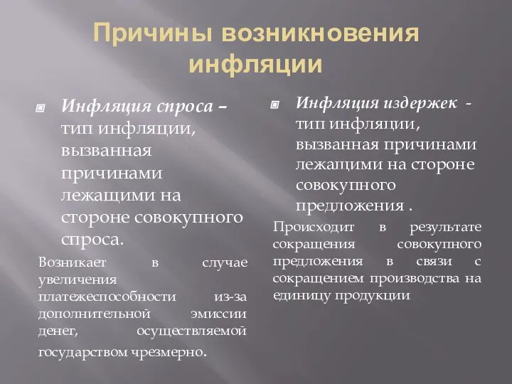 Причины возникновения инфляции Инфляция спроса – тип инфляции, вызванная причинами лежащими