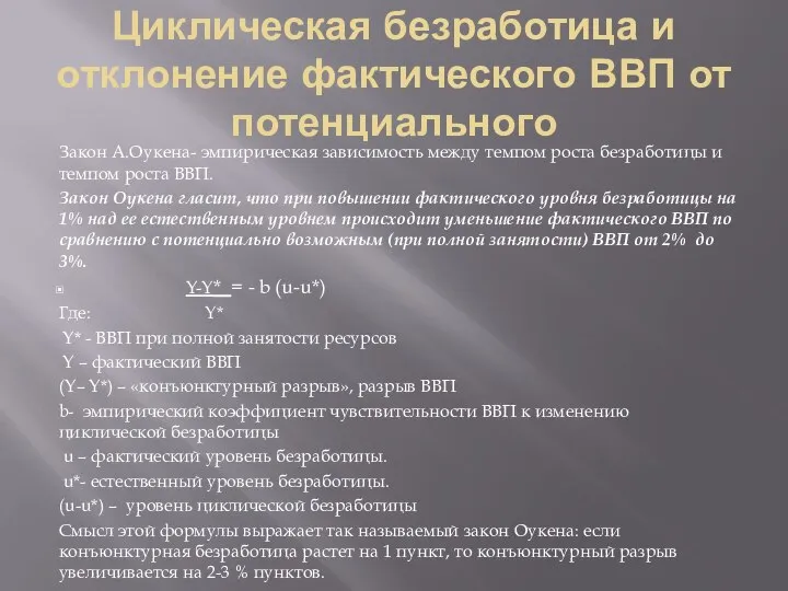 Циклическая безработица и отклонение фактического ВВП от потенциального Закон А.Оукена- эмпирическая