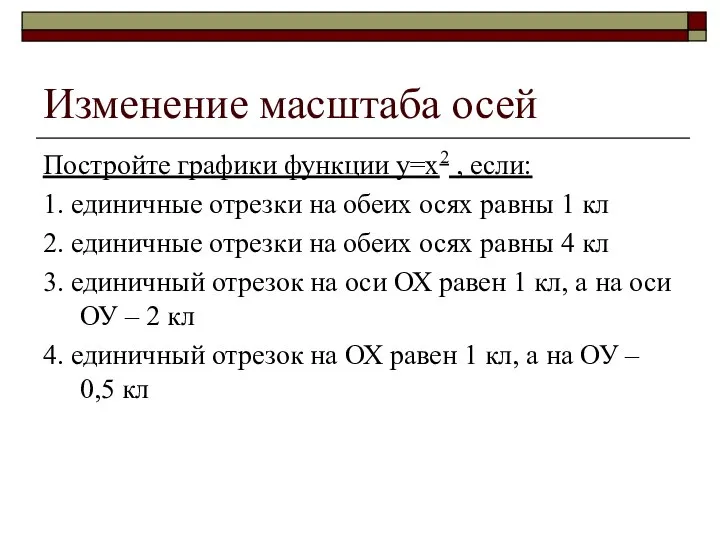 Изменение масштаба осей Постройте графики функции у=х2 , если: 1. единичные