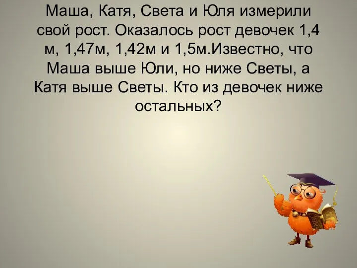 Маша, Катя, Света и Юля измерили свой рост. Оказалось рост девочек