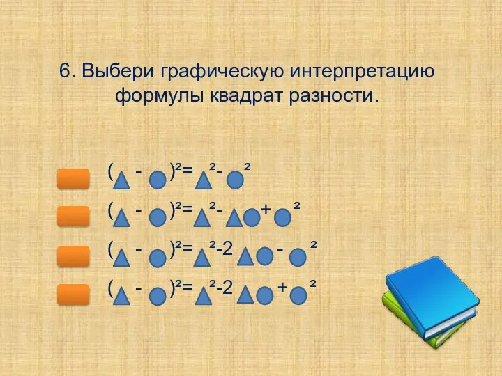 6. Выбери графическую интерпретацию формулы квадрат разности. ( - )²= ²-