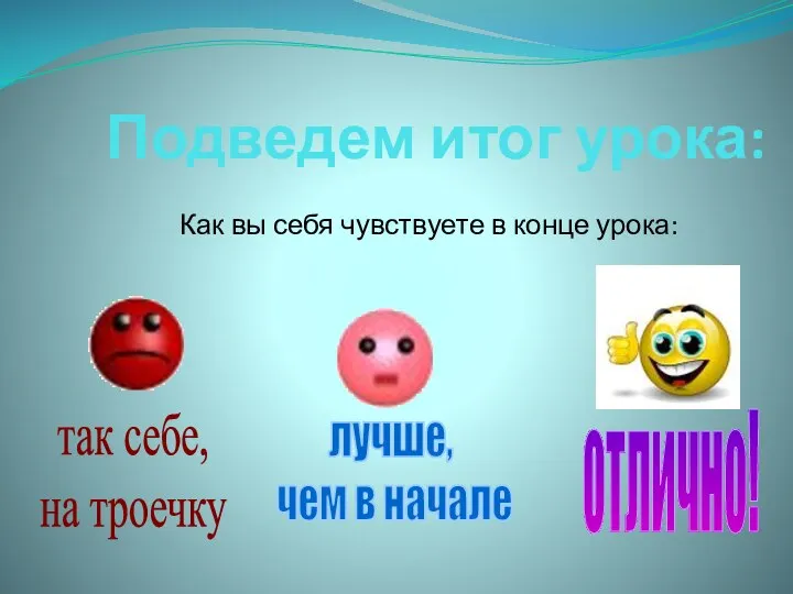 Подведем итог урока: Как вы себя чувствуете в конце урока: так