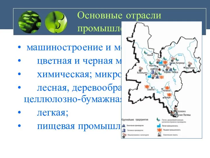 Основные отрасли промышленности машиностроение и металлообработка; цветная и черная металлургия; химическая;