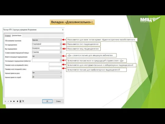 Вкладка «Дополнительно»: Указывается для всех типов кроме «Административно-хозяйственного Указывается тип подразделения