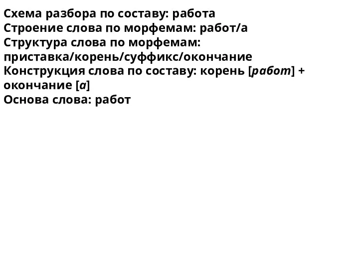 Схема разбора по составу: работа Строение слова по морфемам: работ/а Структура