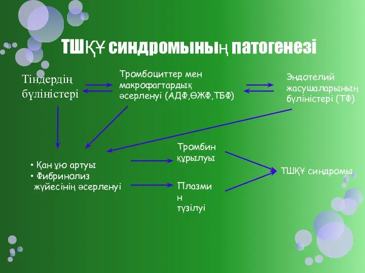 ТШҚҰ синдромының патогенезі Тіндердің бүліністері Тромбоциттер мен макрофагтардық әсерленуі (АДФ,ӨЖФ,ТБФ) Эндотелий