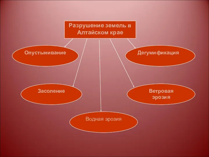 Разрушение земель в Алтайском крае Опустынивание Засоление Водная эрозия Ветровая эрозия Дегумификация