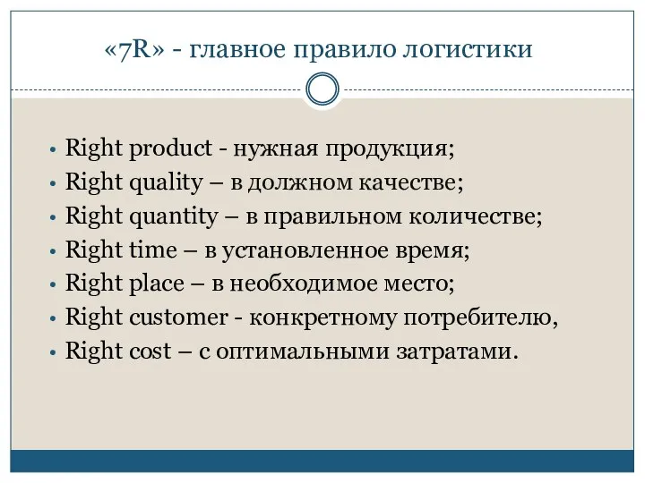 «7R» - главное правило логистики Right product - нужная продукция; Right