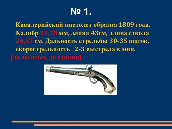 Кавалерийский пистолет образца 1809 года. Калибр 17,78 мм, длина 43см, длина