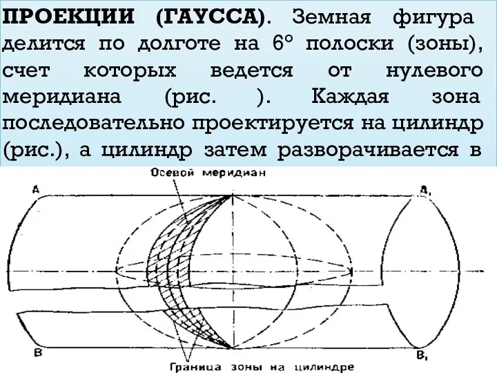 ПРОЕКЦИИ (ГАУССА). Земная фигура делится по долготе на 6° полоски (зоны),