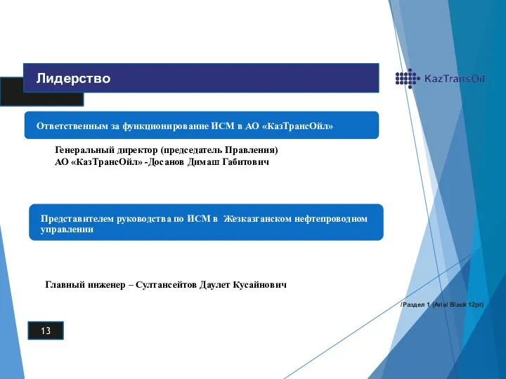 Генеральный директор (председатель Правления) АО «КазТрансОйл» -Досанов Димаш Габитович 13 /Раздел