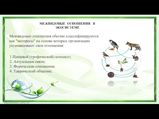 МЕЖВИДОВЫЕ ОТНОШЕНИЯ В ЭКОСИСТЕМЕ Межвидовые отношения обычно классифицируются как "интересы" на