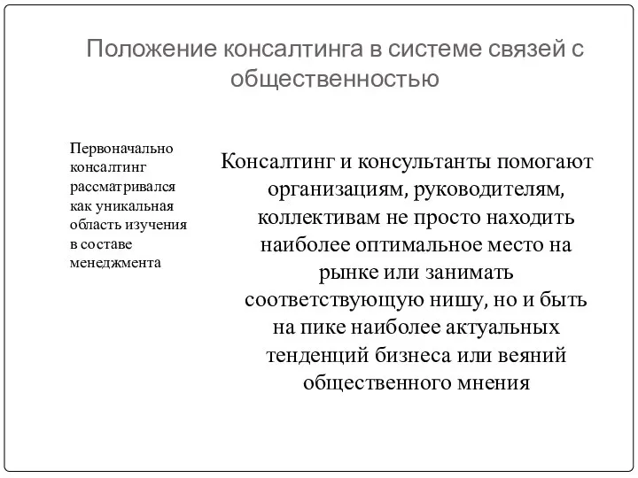 Положение консалтинга в системе связей с общественностью Первоначально консалтинг рассматривался как