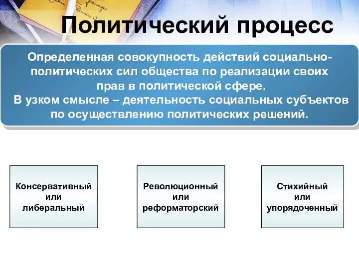 Политический процесс Определенная совокупность действий социально- политических сил общества по реализации