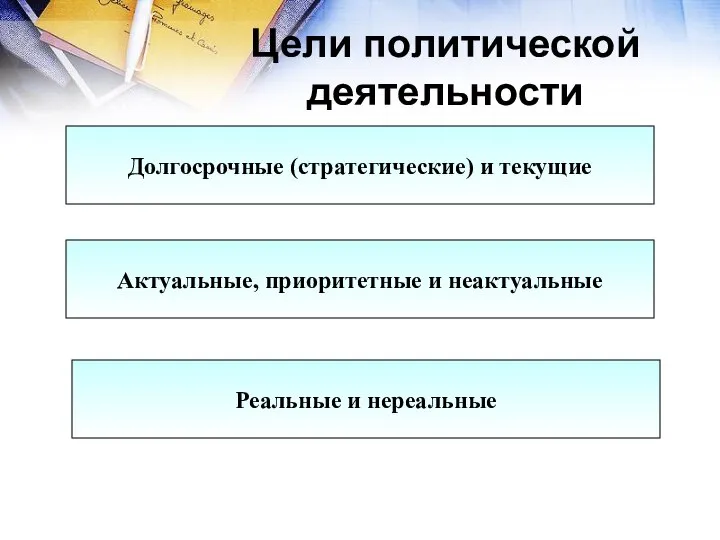 Цели политической деятельности Долгосрочные (стратегические) и текущие Актуальные, приоритетные и неактуальные Реальные и нереальные