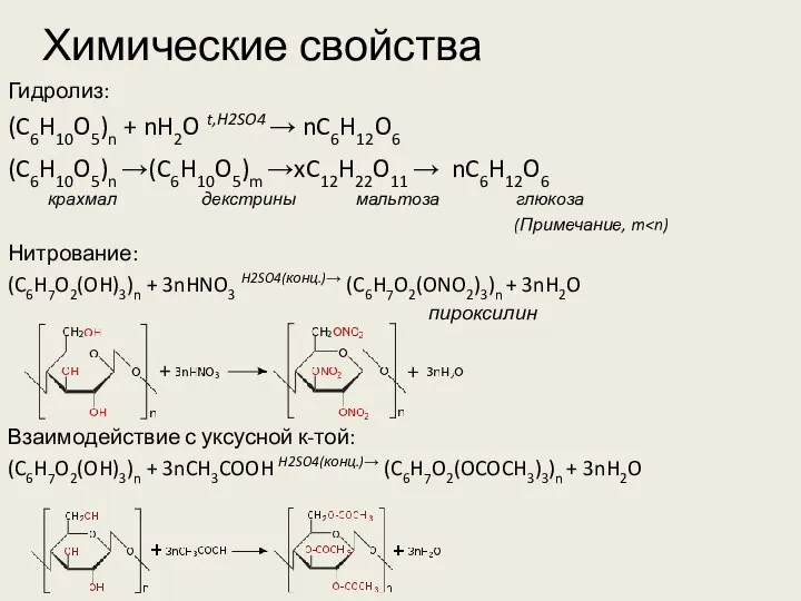 Химические свойства Гидролиз: (C6H10O5)n + nH2O t,H2SO4 → nC6H12O6 (C6H10O5)n →(C6H10O5)m