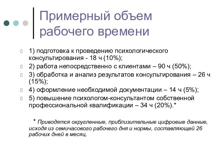 Примерный объем рабочего времени 1) подготовка к проведению психологического консультирования -