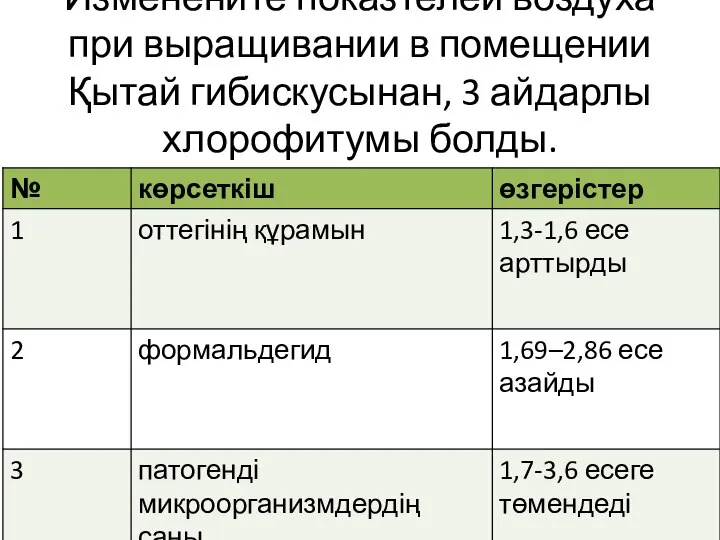 Изменените показтелей воздуха при выращивании в помещении Қытай гибискусынан, 3 айдарлы хлорофитумы болды.