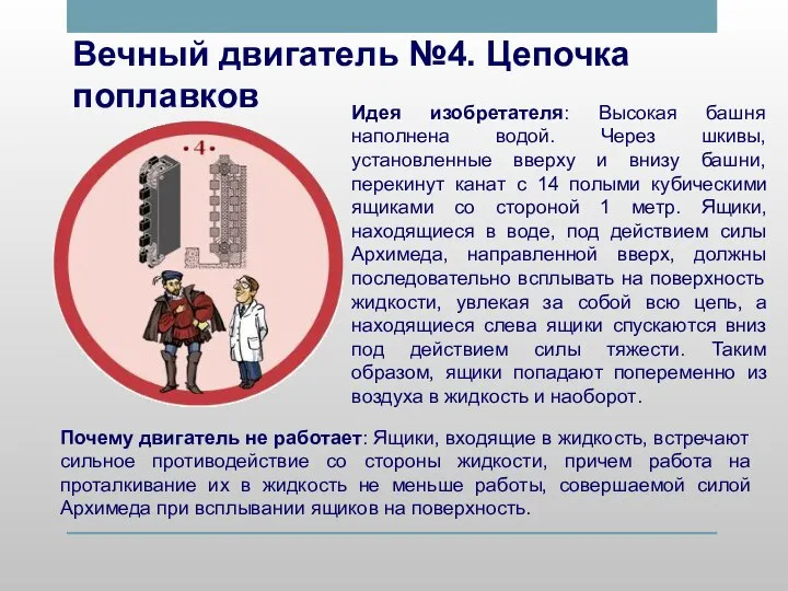 Вечный двигатель №4. Цепочка поплавков Идея изобретателя: Высокая башня наполнена водой.