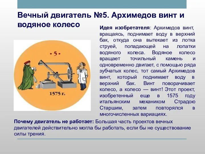 Вечный двигатель №5. Архимедов винт и водяное колесо Идея изобретателя: Архимедов