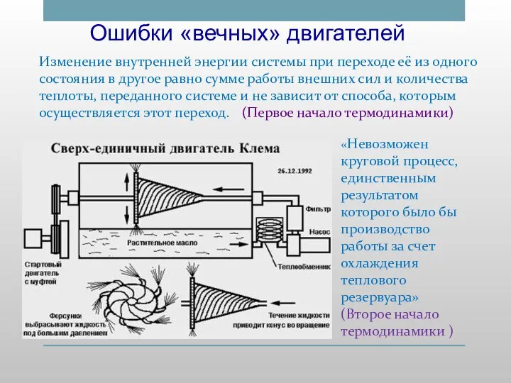 Ошибки «вечных» двигателей Изменение внутренней энергии системы при переходе её из