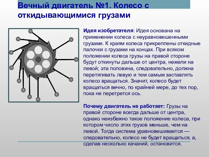 Идея изобретателя: Идея основана на применении колеса с неуравновешенными грузами. К