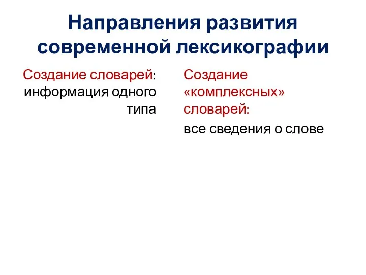 Направления развития современной лексикографии Создание словарей: информация одного типа Создание «комплексных» словарей: все сведения о слове