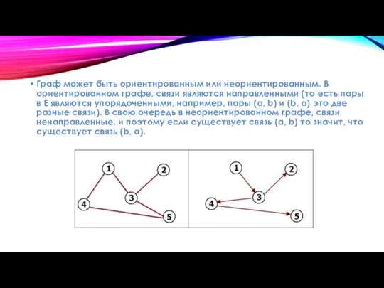 Граф может быть ориентированным или неориентированным. В ориентированном графе, связи являются