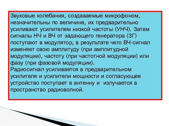 Звуковые колебания, создаваемые микрофоном, незначительны по величине, их предварительно усиливают усилителем