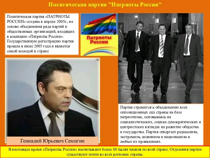 Политическая партия «ПАТРИОТЫ РОССИИ» создана в апреле 2005г., на основе объединения