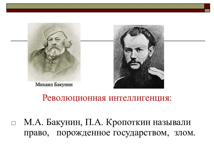 Революционная интеллигенция: М.А. Бакунин, П.А. Кропоткин называли право, порожденное государством, злом.