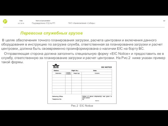 Перевозка служебных грузов В целях обеспечения точного планирования загрузки, расчета центровки