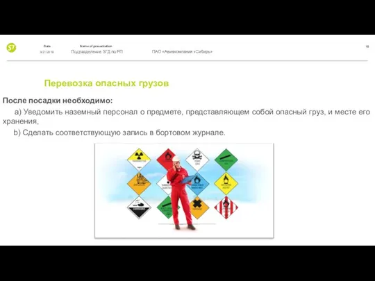 Перевозка опасных грузов После посадки необходимо: a) Уведомить наземный персонал о