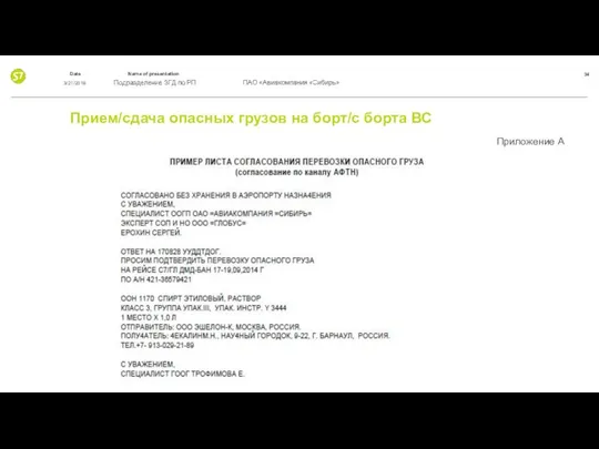 Прием/сдача опасных грузов на борт/с борта ВС Приложение А 3/21/2019