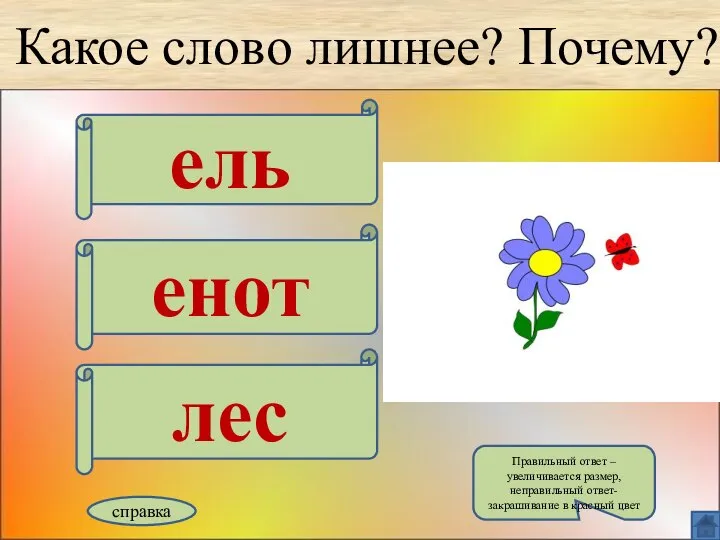 Какое слово лишнее? Почему? ель енот лес справка Правильный ответ –