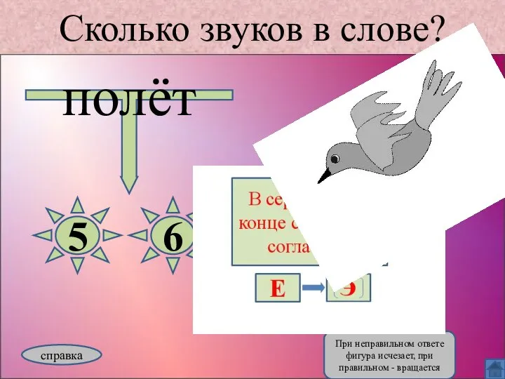 Сколько звуков в слове? полёт 5 6 справка При неправильном ответе