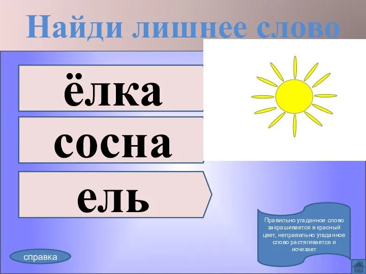 Найди лишнее слово ёлка сосна ель справка Правильно угаданное слово закрашивается