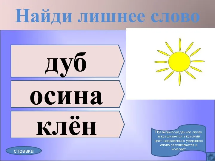 Найди лишнее слово дуб осина клён справка Правильно угаданное слово закрашивается