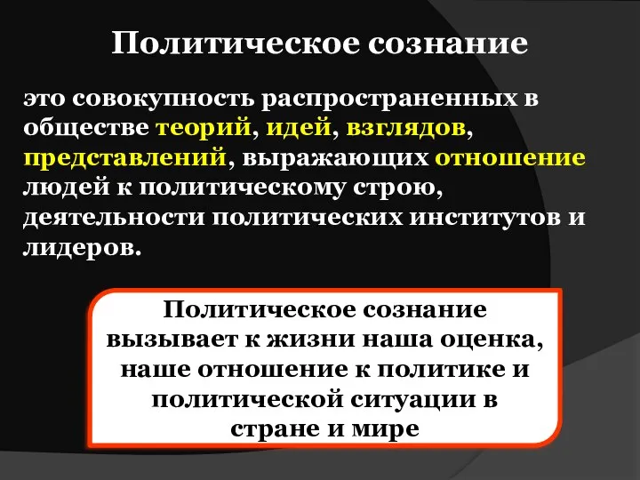 Политическое сознание это совокупность распространенных в обществе теорий, идей, взглядов, представлений,