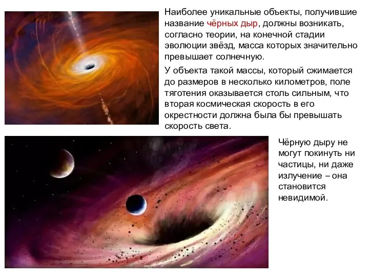 Наиболее уникальные объекты, получившие название чёрных дыр, должны возникать, согласно теории,