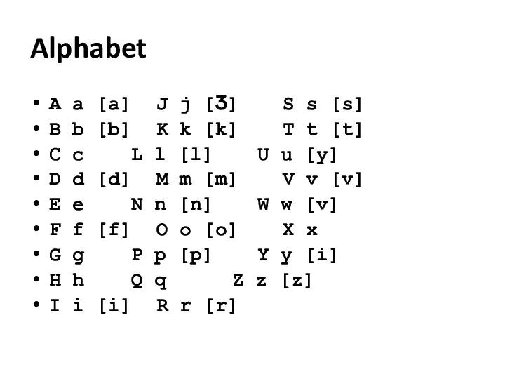 Alphabet A a [a] J j [Ʒ] S s [s] B
