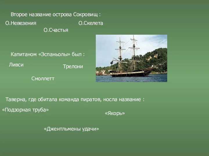 Второе название острова Сокровищ : О.Невезения О.Счастья О.Скелета Капитаном «Эспаньолы» был