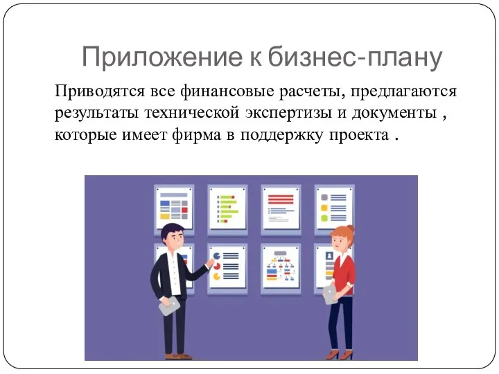 Приложение к бизнес-плану Приводятся все финансовые расчеты, предлагаются результаты технической экспертизы