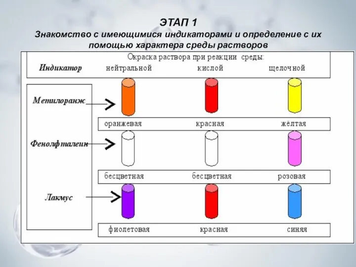 ЭТАП 1 Знакомство с имеющимися индикаторами и определение с их помощью характера среды растворов