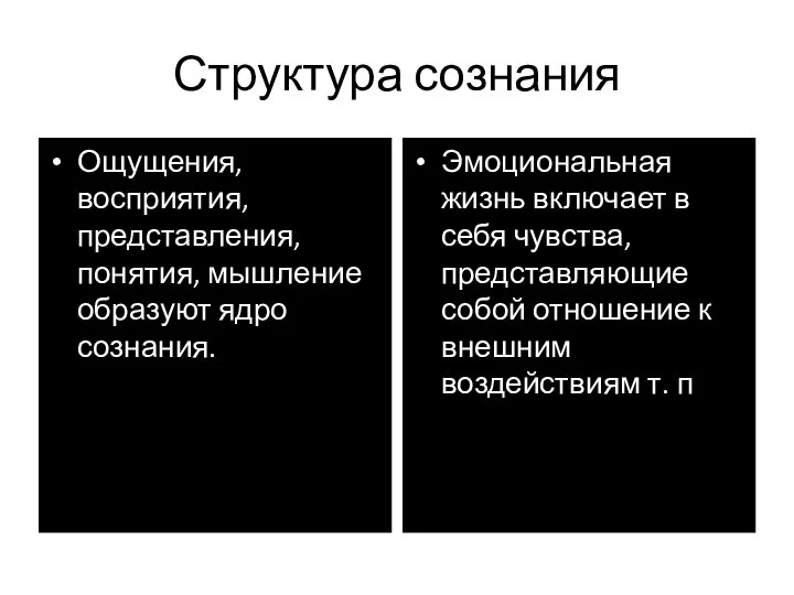 Структура сознания Ощущения, восприятия, представления, понятия, мышление образуют ядро сознания. Эмоциональная