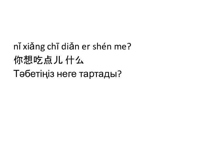 nǐ xiǎng chī diǎn er shén me? 你想吃点儿 什么 Тәбетіңіз неге тартады?