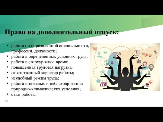 Право на дополнительный отпуск: работа по определенной специальности, профессии, долж­ности; работа