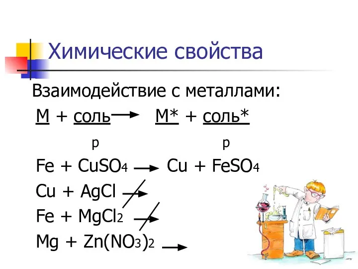 Химические свойства Взаимодействие с металлами: М + соль М* + соль*