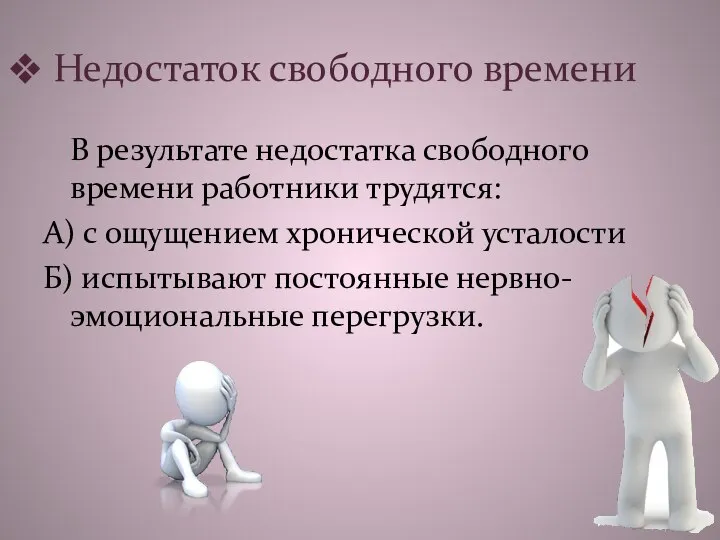 Недостаток свободного времени В результате недостатка свободного времени работники трудятся: А)