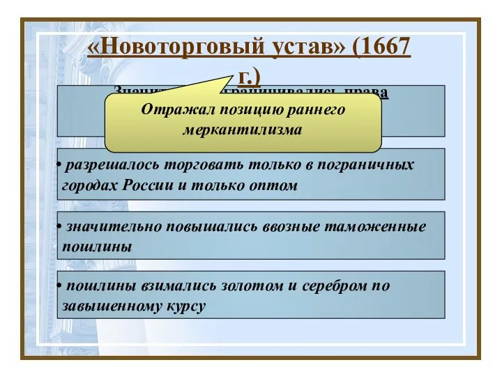 значительно повышались ввозные таможенные пошлины Значительно ограничивались права иностранных купцов: разрешалось